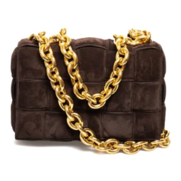 Bottega Veneta Cassette Suede Shoulder Bag Weaved Brown Gold Chain Link Strap - Picture 1 of 10